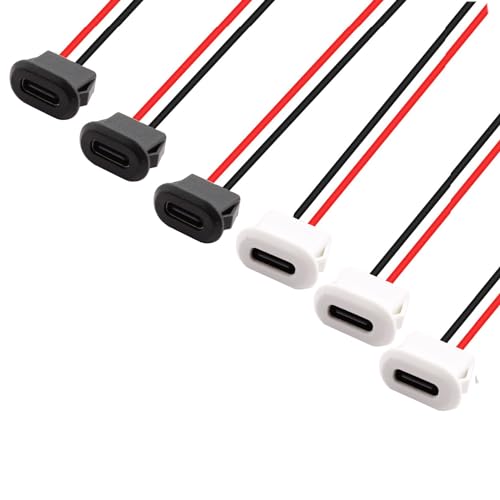 RUNCCI-YUN 6Pcs USB-C buchse 2-Draht einbau Typ-C-Buchse，USB Pigtail Kabel USB einbaubuchse,USB-C-Buchse für Panelmontage 3A Schnelllade-Typ-C-Buchse mit Schnappnut Schnalle,Schwarz und weiß von RUNCCI-YUN