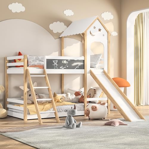RXMORI Etagenbett mit Leiter und Rutsche,Hochbett 90x200cm für 2 Kinder,Kinderbett mit Rausfallschutz & 2 Lattenrost & Schreibtafel,Stockbett Spielplatz für Junge Mädchen,Rahmen aus Holz,Natur+Weiß RXMORI Etagenbett mit Leiter und Rutsche,Hochbett 90x200cm für 2 Kinder,Kinderbett mit Rausfallschutz & 2 Lattenrost & Schreibtafel,Stockbett Spielplatz für Junge Mädchen,Rahmen aus Holz,Natur+Weiß von RXMORI