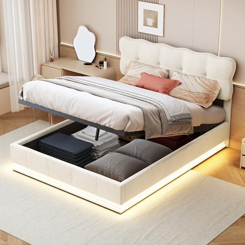 RXMORI Polsterbett 140 x 200 cm, LED-Doppelbett mit Stauraum und Lattenrost, Hydraulisches Stauraumbett, Rückenlehnenbett, Samt, ohne Matratze, Beige RXMORI Polsterbett 140 x 200 cm, LED-Doppelbett mit Stauraum und Lattenrost, Hydraulisches Stauraumbett, Rückenlehnenbett, Samt, ohne Matratze, Beige von RXMORI
