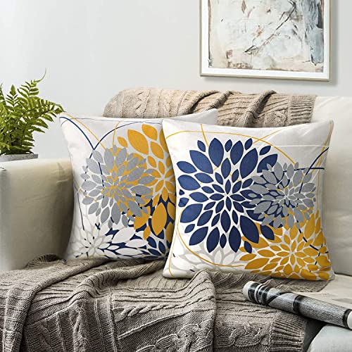 Dekor Pillow Covers 50x50 Kissenbezug Navy Blau Gelb Dekokisse Kissenhüllen Blumen Kissenhülle Elegant Leinen Abstraktgeometrisch Dahlie Kissenbezüge Passend Für Zuhause Sofa Couch Kissen，2er Set von RYBornament