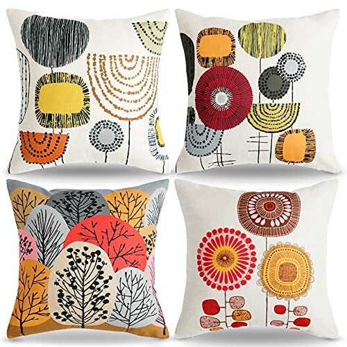 RYBornament Kissenbezug 40x40 Dekokissen Sofakissen Kissen Rot Abstrakt Blumen Zierkissenbezüge Herbst Outdoor Kissenbezüge Vintage Bauernhaus Deko Leinen Werfen Kissen für Sofa Schlafzimmer, 4er Set von RYBornament