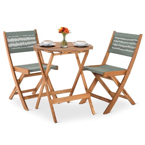 Balkon-Set, Bistrotisch mit 2 Stühlen, 3-TLG. Akazie Natur geölt, Rope, kompaktes Terrassen- und Gartenmöbel-Set, Tisch 60 cm Durchmesser, für 2 Personen, Lanzarote, in Grün von Raburg