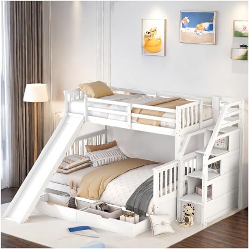 Etagenbetten 90x200 und 140x200 cm, Kinderbetten mit Schubladen, Kinderbetten mit Stauraum, Kinderbetten mit Rutsche (Weiß) von Racxily