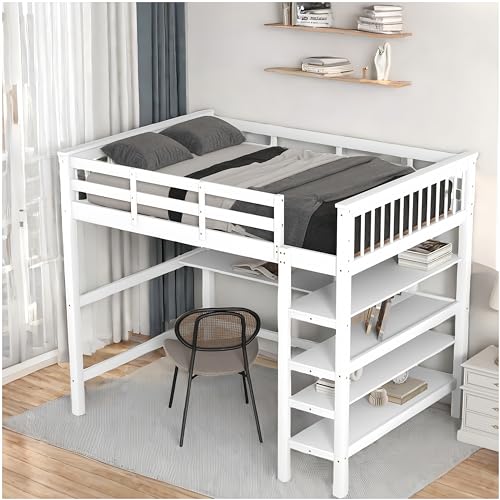 Kinderbett 140x200 cm, Hochbett, Kinderbett mit Stauraum, Kinderbett mit Schreibtisch unter dem Bett (Weiß, 140x200) von Racxily