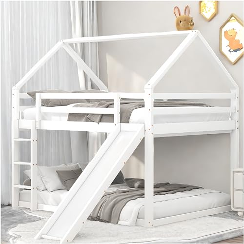 Kinderbetten 140x200cm, Doppelbett, Familienbetten, Etagenbetten mit Rutschen und Leitern, Hochbetten (Weiß) von Racxily