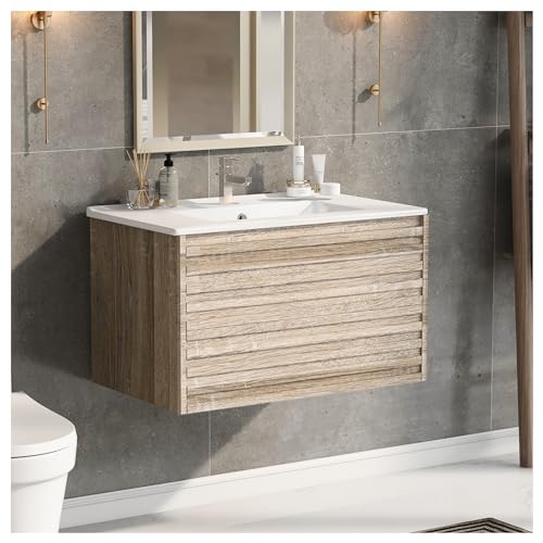 Racxily Badezimmermöbel mit Waschbecken, 76 cm, mit Keramikwaschbecken, modernes Design, Weiß und Natur von Racxily