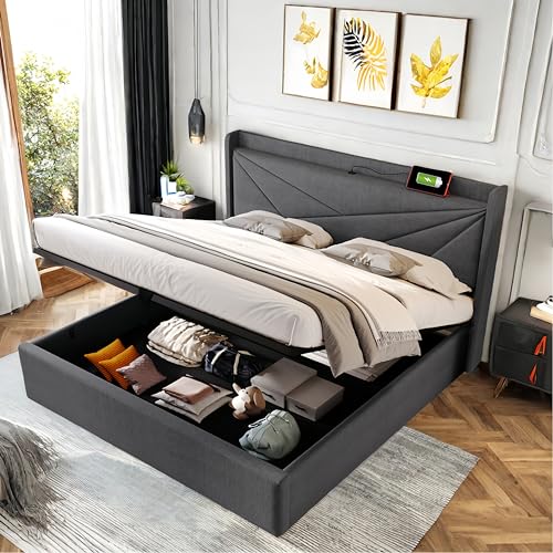 Racxily Doppelbett 140x200 Doppelbett mit Stauraum, Kopfteil mit USB C Ladefunktion (Grau, 160x200) von Racxily