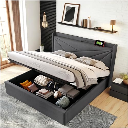 Racxily Doppelbett 140x200 Doppelbett mit Stauraum, Kopfteil mit USB C Ladefunktion (Grau, 180x200) von Racxily