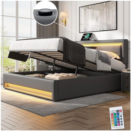 Racxily Doppelbett mit Stauraum,Bett 160 x 200 cm, mit USB-Anschluss, kabelloses Laden und LED-Beleuchtung, gepolstertes Bett, PU, Grau von Racxily