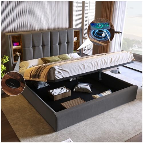 Racxily Doppelbett mit kabellosem Aufladen, USB und Typ C, polsterbett mit Stauraum,140 x 200 cm, mit Lattenrost aus Naturholz, Grau von Racxily