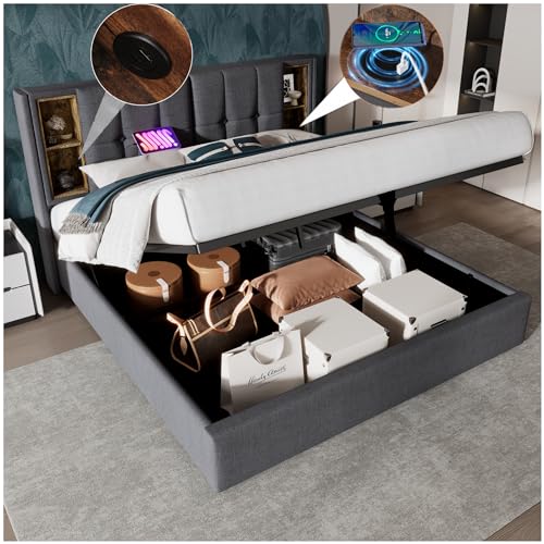 Racxily Doppelbett mit kabellosem Aufladen, USB und Typ C, polsterbett mit Stauraum,160 x 200 cm, mit Lattenrost aus Naturholz, Grau von Racxily