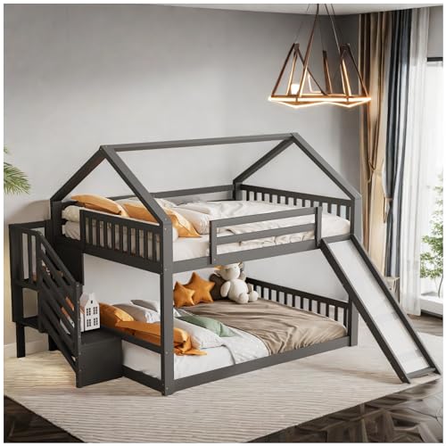 Racxily Etagenbett mit Rutsche, 140 x 200 cm, Kinderbett mit hohem Geländer, geeignet für Kinder, Jugendliche, Grau von Racxily