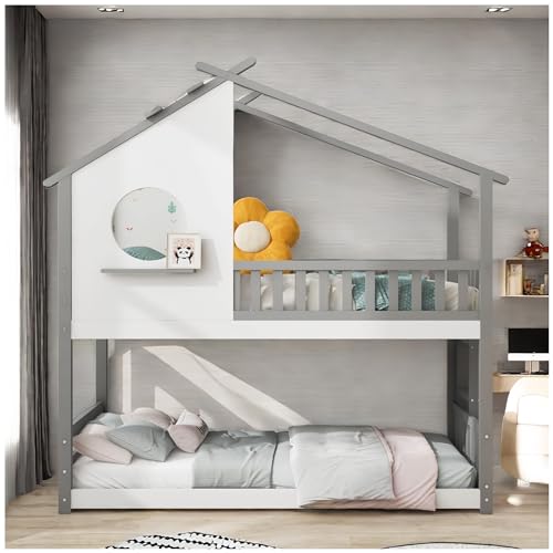 Racxily Etagenbett mit rechtwinkliger Leiter, 90x200cm,Kinderbett, mit Fallschutz und Barriere, Rahmen aus Kiefernholz, grau von Racxily
