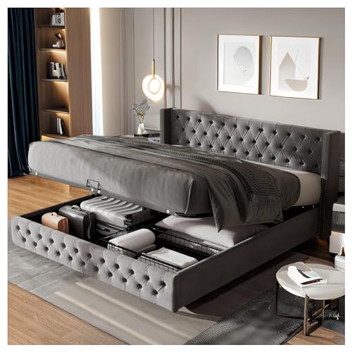 Racxily Gepolstertes Bett, 160 x 200 cm, Einzelbett mit Stauraum, in Form eines Ohrs mit doppelter Reihe von Flanell-Nieten, Grau von Racxily