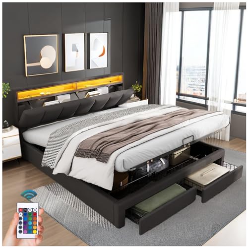 Racxily Gepolstertes Bett mit LED-Beleuchtung und Stauraum, Doppelbett 180 x 200 cm, Gestell aus Stahl, Leinen, Grau von Racxily