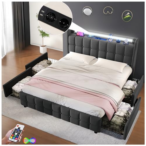 Racxily Gepolstertes Bett mit USB und LED und 4 Schubladen, Doppelbett 140 x 200 cm, Lattenrost aus Holz, Grau von Racxily