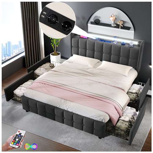 Racxily Gepolstertes Bett mit USB und LED und 4 Schubladen, Doppelbett 180 x 200 cm, Lattenrost aus Holz, Grau von Racxily