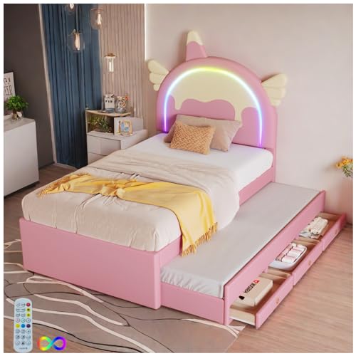 Racxily Kinderbett, ausgestattet mit ausziehbares rollbett,90 * 200cm, Einhornform,PU-Material,rosa von Racxily