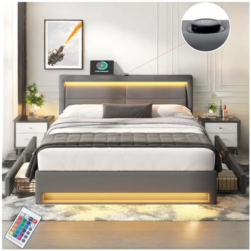 Racxily Polsterbett 140 x 190 cm mit USB-Anschluss und kabellosem Aufladen, LED-Beleuchtung und vier Aufbewahrungsfächern, französisches Bett, PU, Grau von Racxily