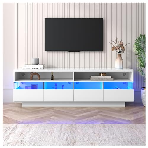 Racxily TV-Möbel, Hochglanz-Tisch, Lowboard mit LED-Beleuchtung, zwei Fächer und vier große Schubladen (weiß) von Racxily
