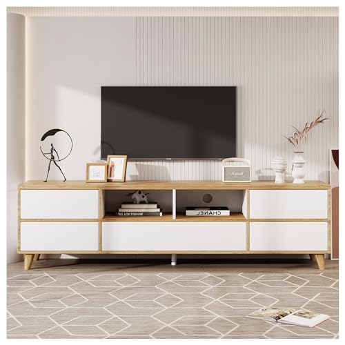 Racxily TV-Möbel, Wohnzimmermöbel in den Farben Weiß und Holz, natürlicher und rustikaler Stil, niedrige Sideboard, TV-Möbel für Wohnzimmer, 175 cm von Racxily