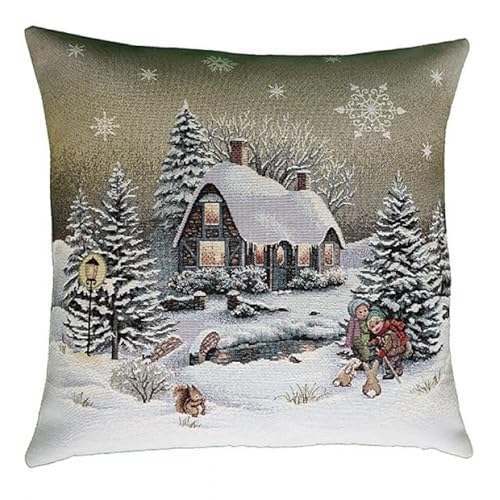 Tischdecke Mitteldecke Tischläufer Tischset Kissenhülle Weihnachten Gobelin Winterdorf beige braun Töne Baumwollmischung (45 x 45 cm Kissenhülle) von Raebel OHG