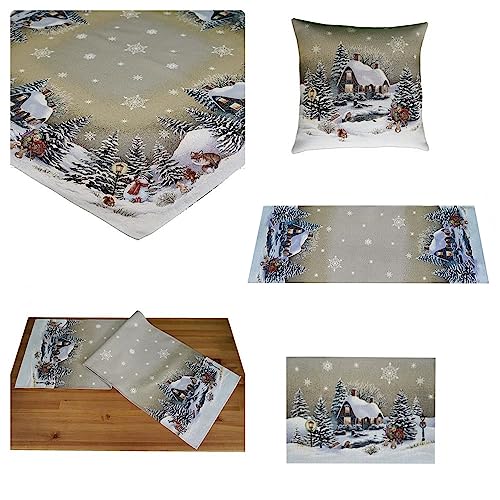 Tischdecke Mitteldecke Tischläufer Tischset Kissenhülle Weihnachten Gobelin Winterdorf beige braun Töne Baumwollmischung (100 x 100 cm) von Raebel OHG