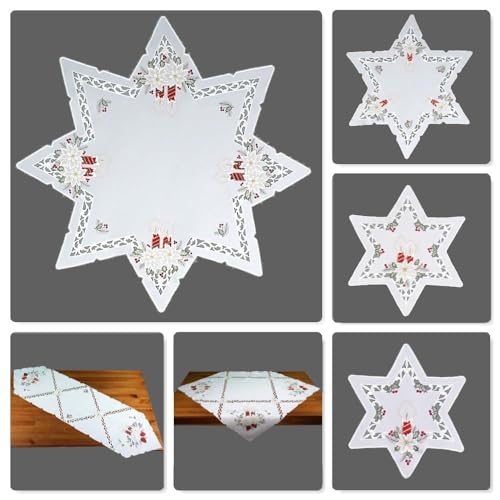 Tischdecke Tischläufer Mitteldecke Deckchen Aufleger Stern Weihnachten Advent weiß Bestickt mit roten Kerzen und Zapfen im Cutworkstil (Stern 30 cm) von Raebel OHG