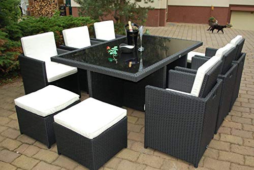 Ragnarök-Möbeldesign PolyRattan Essgruppe - DEUTSCHE Marke - EIGNENE Produktion - 8 Jahre GARANTIE - 6 Stuhl 4 Hocker Garten Möbel Glas Polster schwarz Gartenmöbel Dinning Aluminium Rostfrei von Ragnarök-Möbeldesign