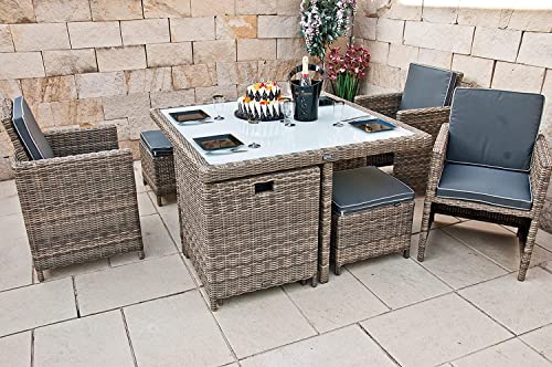 Ragnarök PolyRattan - DEUTSCHE Marke - EIGENE Produktion - 8 Jahre Garantie - Gartenmöbel Essgruppe Tisch 4 Stuhl Hocker 12 Polster Grau Rostfrei Aluminium Natur Dining Würfel Glas von Ragnarök-Möbeldesign