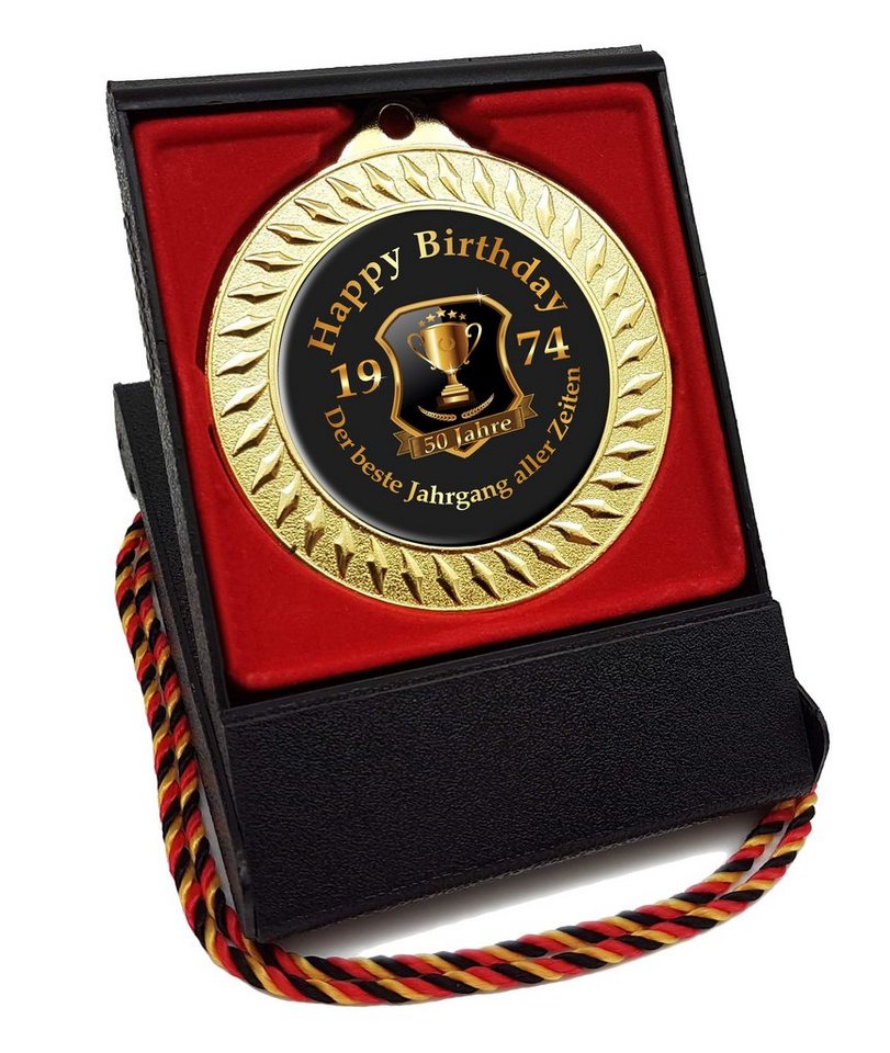 RAHMENLOS® Metallschild Medaille als Geschenk zum 50. Geburtstag - Jahrgang 1974, (Geschenkbox und Kordel), mit Geschenkbox und Kordel von RAHMENLOS®