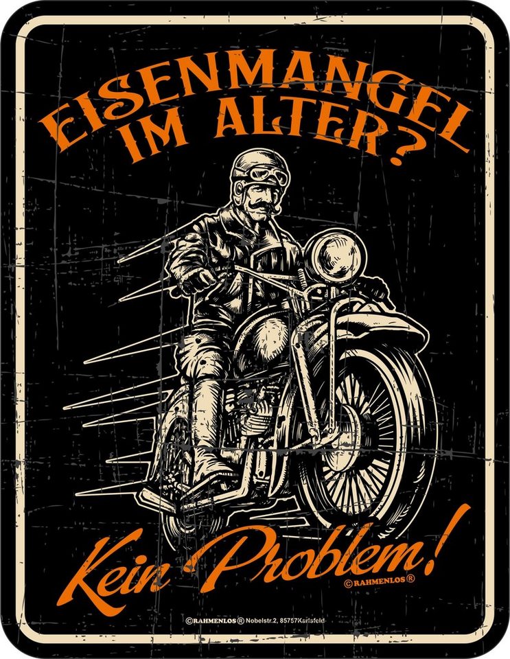 RAHMENLOS® Metallschild für den etwas älteren Biker: Eisenmangel - kein Problem! von RAHMENLOS®