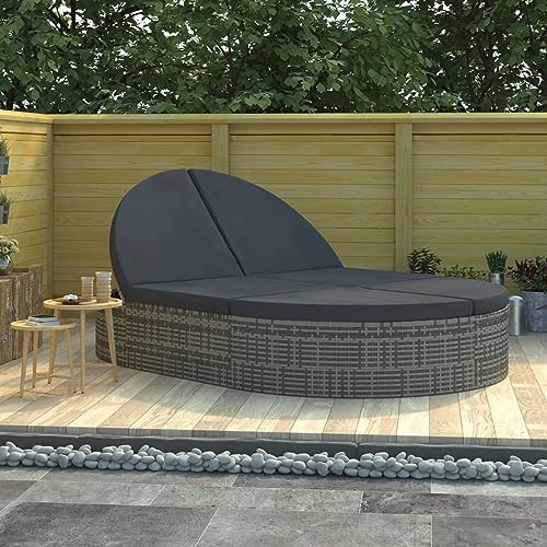 Rantry Sonnenliege mit Kissen Doppelliege Gartenliege Möbel Relaxliege Strandliege mit Verstellbare Rücken Lounge Liege für Garten Terrasse Pool Balkon Poly Rattan Grau von Rantry