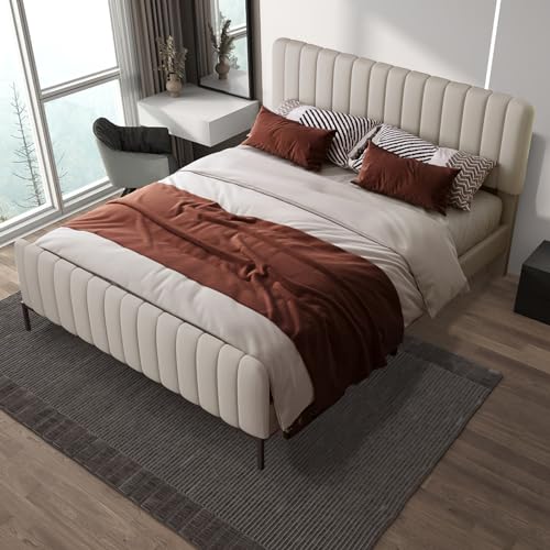 Ravas Doppelbett 180 x 200 cm, Bettgestell mit Lattenrost und Verstellbares Kopfteil, Gepolstertes Bett in Beige,Bettrahmen Jugendbett für Schlafzimmer Gästezimmer-Leinenmaterial von Ravas