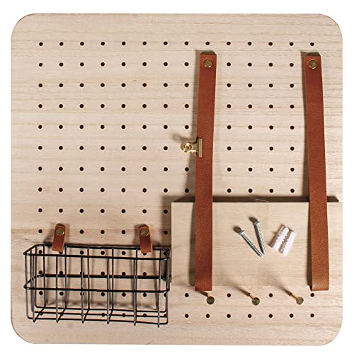 Rayher 62878000 Pin & Peg Starter Set, 40 x 40 x 2,5 cm, Board, inklusiv Zubehör, Ordnungssystem, Lochwand, Lochplatte, Holzregal, Wandregal mit Regalboden, Drahtkorb und Aufhängern von Rayher