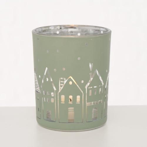 Elegante Glas-Windlichter im 2er Set Teelichthalter mit Häuser Motiv Elegante Weihnachtsdekoration für Stimmungsvolle Lichtquellen Grün von ReWu