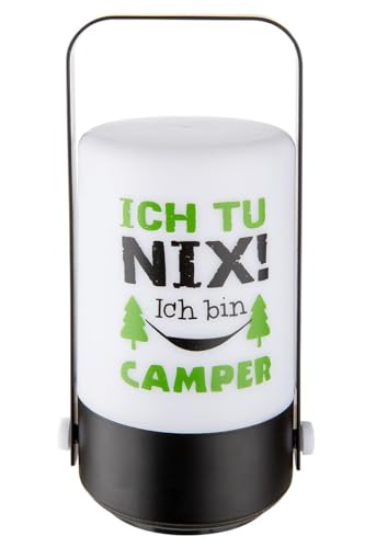 ReWu Tischleuchte Camping Schriftzug - Ich Tu Nix, Ich Bin Camper -Wohnwagenmotiv LED Leuchte Batteriebetrieben Kabellos Nachttischlampe Leselampe Schreibtischlampe Tragbar 8 x 9 x 19,5 cm von ReWu