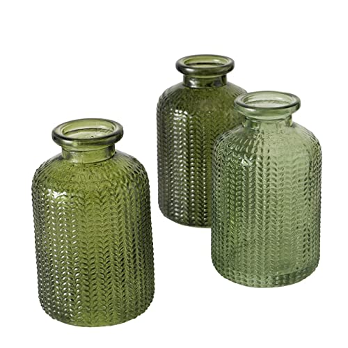 Vasen Deko 3er Set 3 Stück aus Glas in Flaschenform mit den Farben Grün, Dunkelgrün und Hellgrün von ReWu
