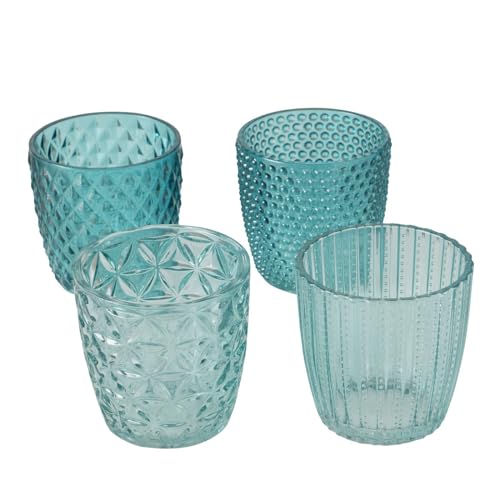 Windlicht Marilu Petrol/Weiß 4er-SET aus Glas - Teelichthalter mit verschiedenen Ornamenten - Kerzenständer Windlichthalter Kerzenhalter Wohndekoration Tischdekoration Glaskerzenhalter 7,5 x 7,5 cm Windlicht Marilu Petrol/Weiß 4er-SET aus Glas - Teelichthalter mit verschiedenen Ornamenten - Kerzenständer Windlichthalter Kerzenhalter Wohndekoration Tischdekoration Glaskerzenhalter 7,5 x 7,5 cm von ReWu