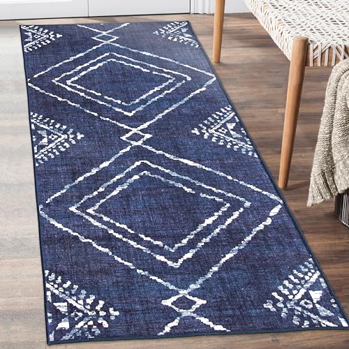 ReaLife Maschinenwaschbar Teppich Läufer - Wohnzimmer Schlafzimmer Badezimmer Küche Flur Büro - rutschfest Kurzflor Premium-Fleckenbeständig - Marokkanisch Diamant Tribal - Jax - Blau - 75 x 180 von ReaLife Rugs