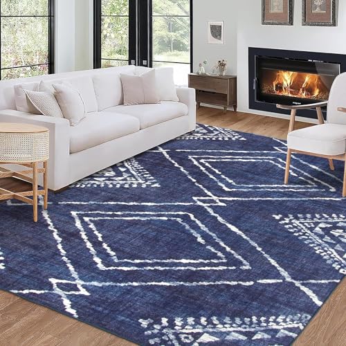 ReaLife Maschinenwaschbar Teppich Läufer - Wohnzimmer Schlafzimmer Badezimmer Küche Flur Büro - rutschfest Kurzflor Premium-Fleckenbeständig - Marokkanisch Diamant Tribal - Jax - Blau - 90 x 150 von ReaLife Rugs