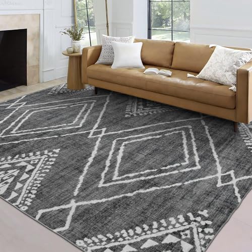 ReaLife Maschinenwaschbar Teppich - Wohnzimmer Schlafzimmer Badezimmer Küche Flur Büro - rutschfest Kurzflor Premium-Fleckenbeständig - Marokkanisch Diamant Tribal - Jax - Grau - 150 x 210 von ReaLife Rugs