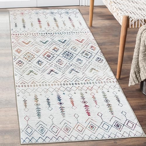 ReaLife Waschmaschine Teppich Läufer - Wohnzimmer Schlafzimmer Badezimmer Küche Flur Büro - rutschfest Kurzflor Fleckenbeständig - Geometrisch Marokkanisch Tribal - Beau - Elfenbein Multi - 75 x 180 von ReaLife Rugs