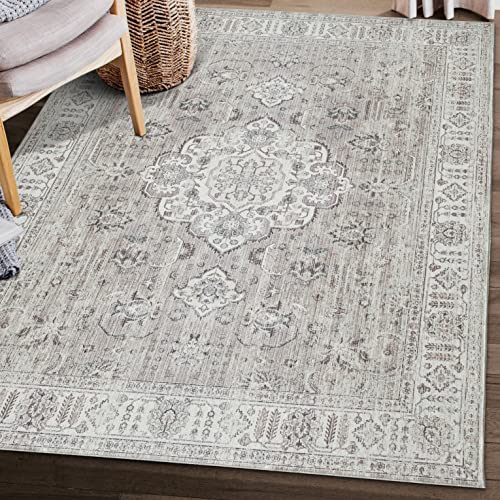 ReaLife Maschinenwaschbar Teppich - Wohnzimmer Schlafzimmer Badezimmer Küche Flur Büro - rutschfest Kurzflor Premium-Fleckenbeständig - Boho Landhaus Vintage - Ola - Beige - 150 x 210 von ReaLife Rugs