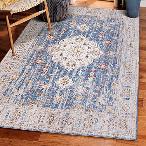 ReaLife Maschinenwaschbar Teppich - Wohnzimmer Schlafzimmer Badezimmer Küche Flur Büro - rutschfest Kurzflor Premium-Fleckenbeständig - Persisch Distressed - Hell Blau - 225 x 285 von ReaLife Rugs