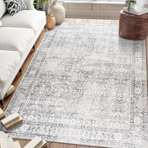 ReaLife Maschinenwaschbar Teppich - Wohnzimmer Schlafzimmer Badezimmer Küche Flur Büro - rutschfest Kurzflor Premium-Fleckenbeständig - Boho Landhaus Vintage - Noor - Silber Elfenbein - 150 x 210 von ReaLife Rugs