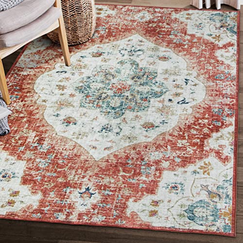 ReaLife Maschinenwaschbar Teppich - Wohnzimmer Schlafzimmer Badezimmer Küche Flur Büro - rutschfest Kurzflor Premium-Fleckenbeständig - Vintage Distresse Boheme - Orange - 150 x 210 von ReaLife Rugs