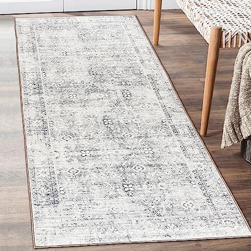 ReaLife Waschmaschine Teppich Läufer - Wohnzimmer Schlafzimmer Badezimmer Küche Flur Büro - rutschfest Kurzflor Premium-Fleckenbeständig - Boho Landhaus Vintage - Noor - Silber Elfenbein - 75 x 180 von ReaLife Rugs