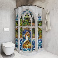 Wasserdichter Bad-Duschvorhang Mit Buntglas-Meerjungfrau Im Weißen Fenster - Weicher, Waschbarer Stoff Metallösen. Größe 71"B X 74"H von Recallart
