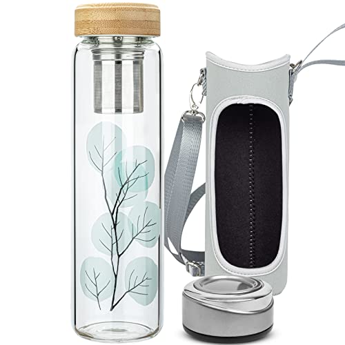 Reeho Teeflasche aus Glas mit Edelstahl Sieb, Glas Wasserflasche mit Neoprenhülle Teekanne mit Filter to go, Borosilikatglas Wasserflasche BPA-Frei 1000ml / 1 Liter von Reeho